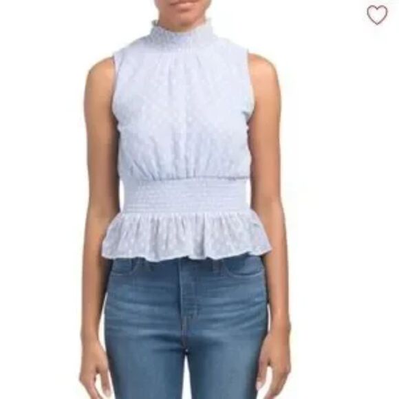 Japna sleeveless Smocked Mock Neck blouse Sheer Light Blue Medium - Picture 2 of 11